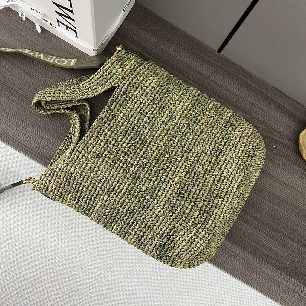 Loewe Ibiza Mini Slit Raffia Tote Bag 30cm Olive Raffia Leather