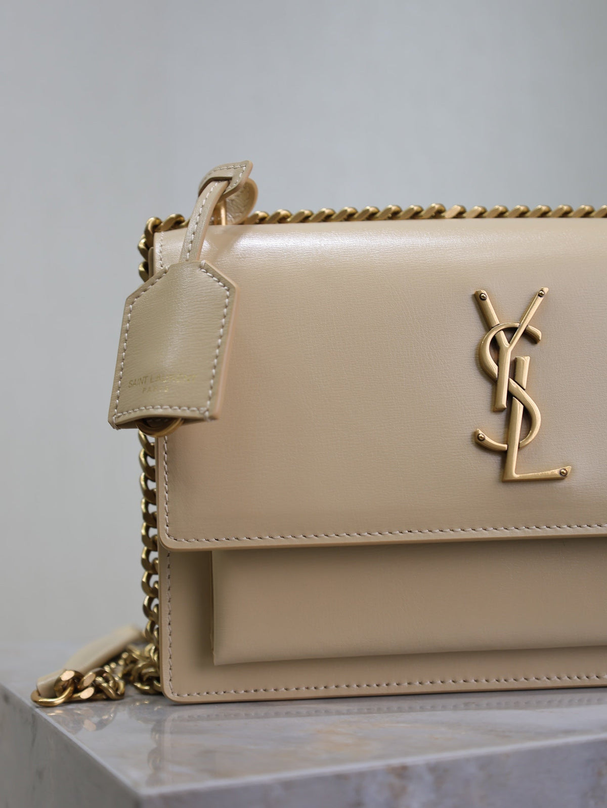 YSL Medium Sunset Shoulder Bag 22cm Beige Cowhide GHW