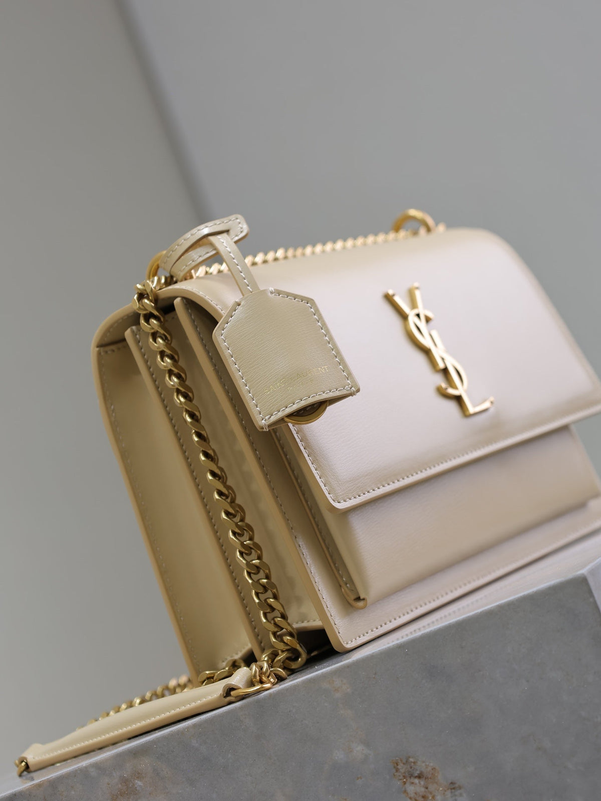 YSL Medium Sunset Shoulder Bag 22cm Beige Cowhide GHW
