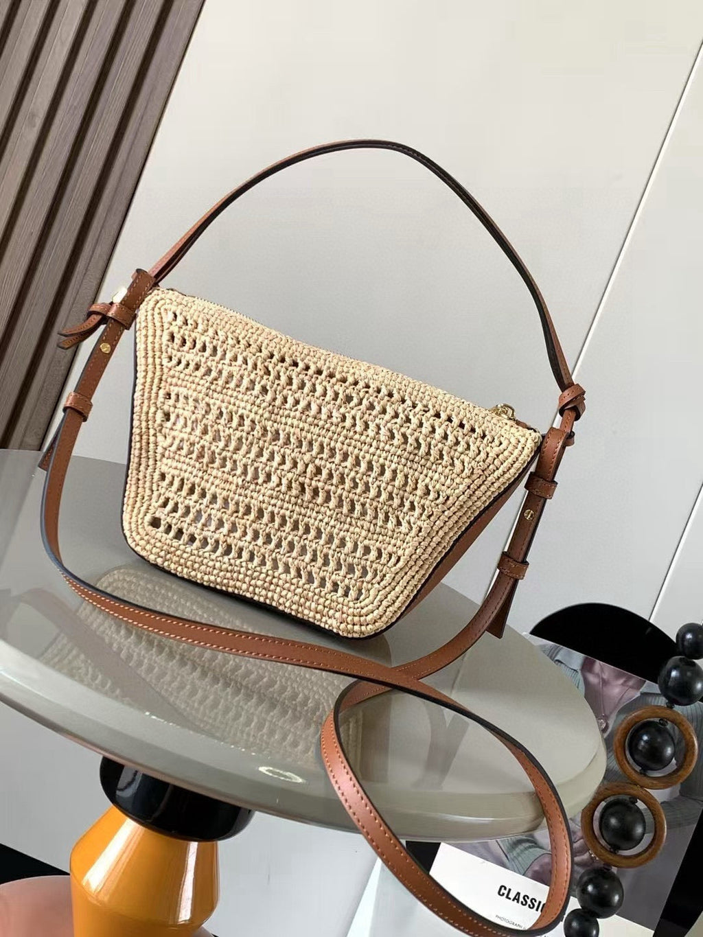 Loewe Ibiza Mini Hammock Hobo Bag Brown Beige Raffia Leather 289314
