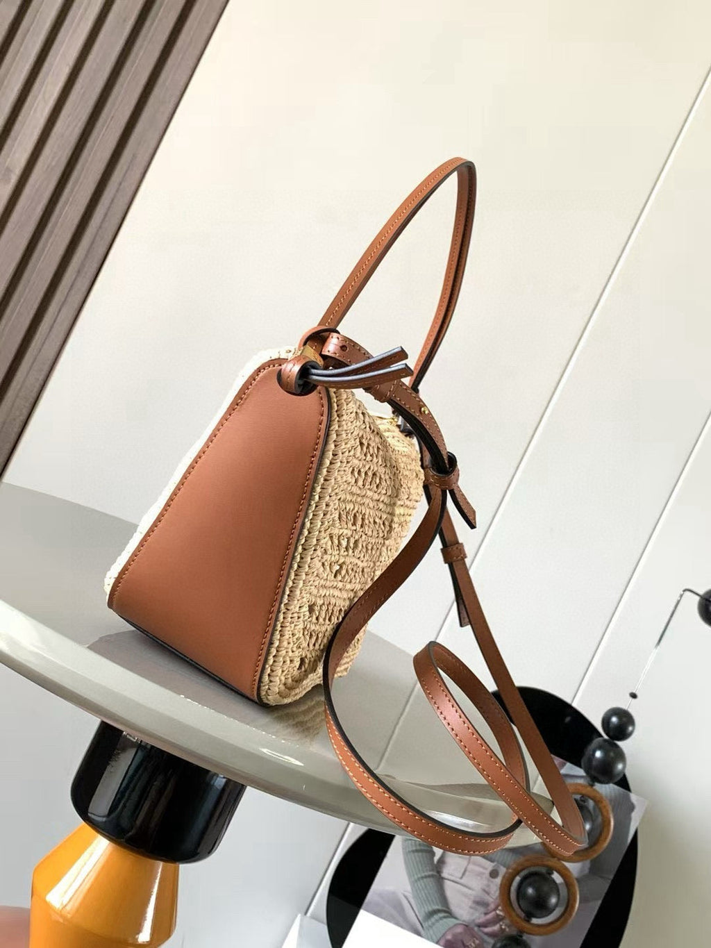 Loewe Ibiza Mini Hammock Hobo Bag Brown Beige Raffia Leather 289314