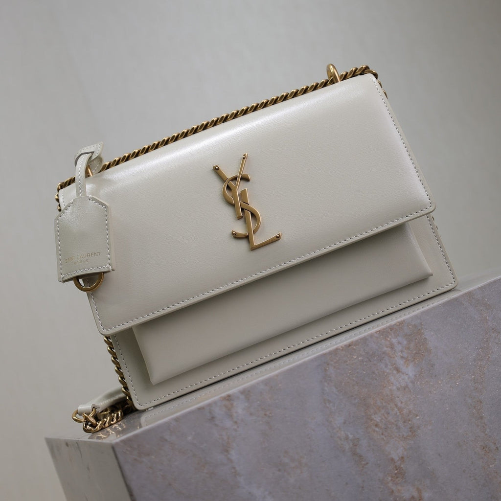 YSL Medium Sunset Shoulder Bag 22cm White Cowhide