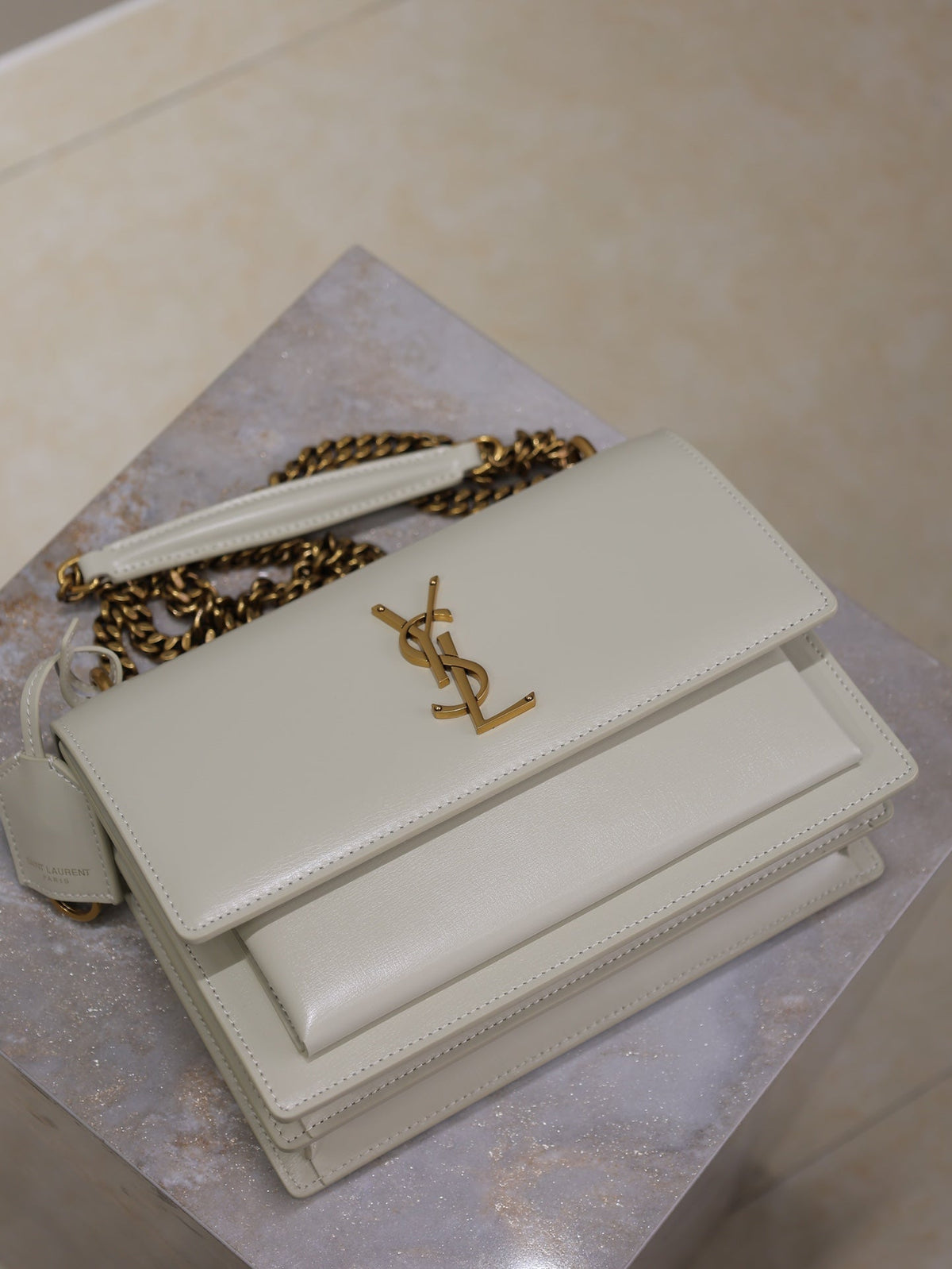 YSL Medium Sunset Shoulder Bag 22cm White Cowhide