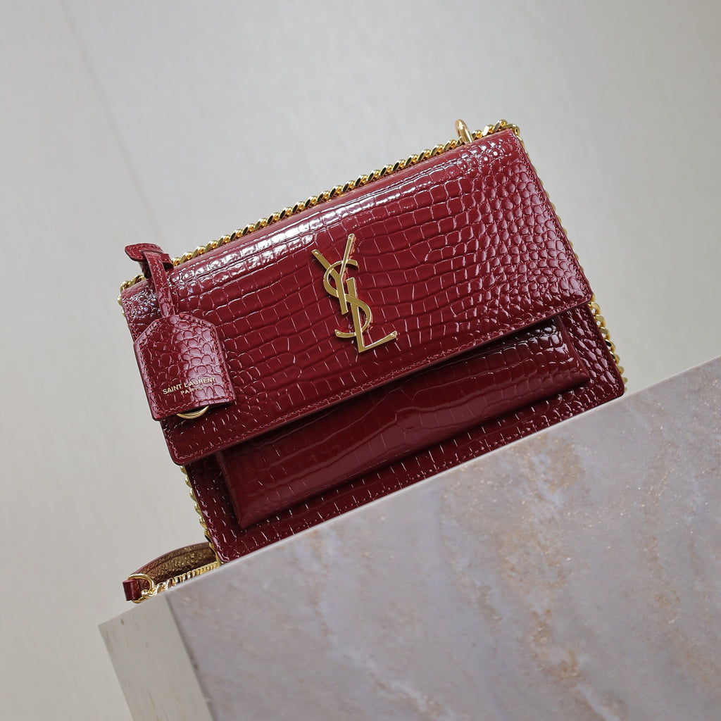 YSL Medium Sunset Shoulder Bag 22cm Burgundy Crocodile Pattern Leather