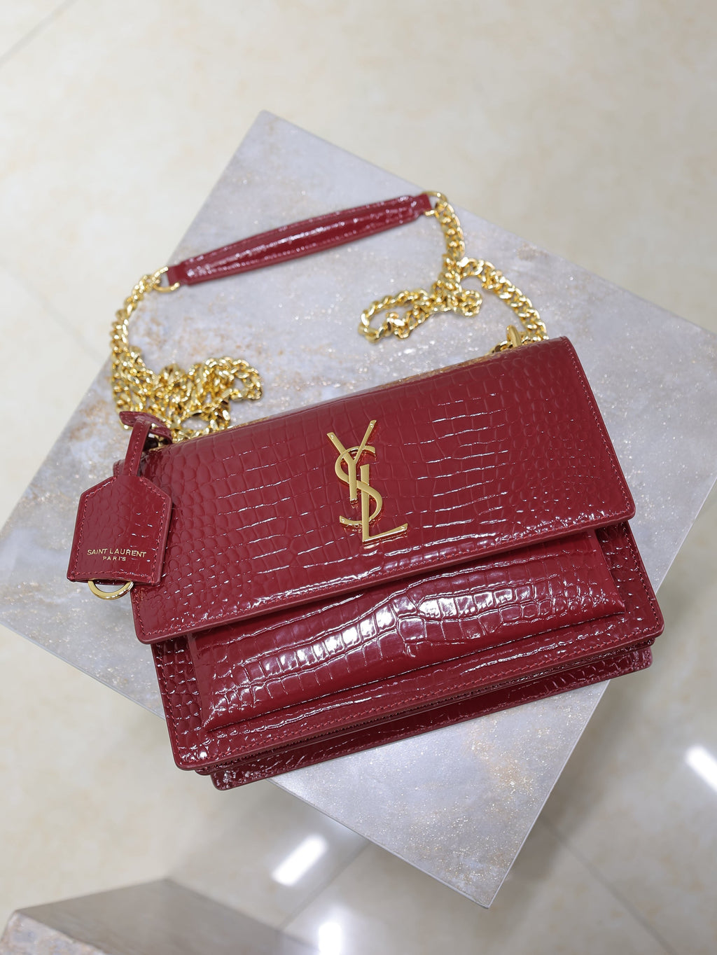 YSL Medium Sunset Shoulder Bag 22cm Burgundy Crocodile Pattern Leather
