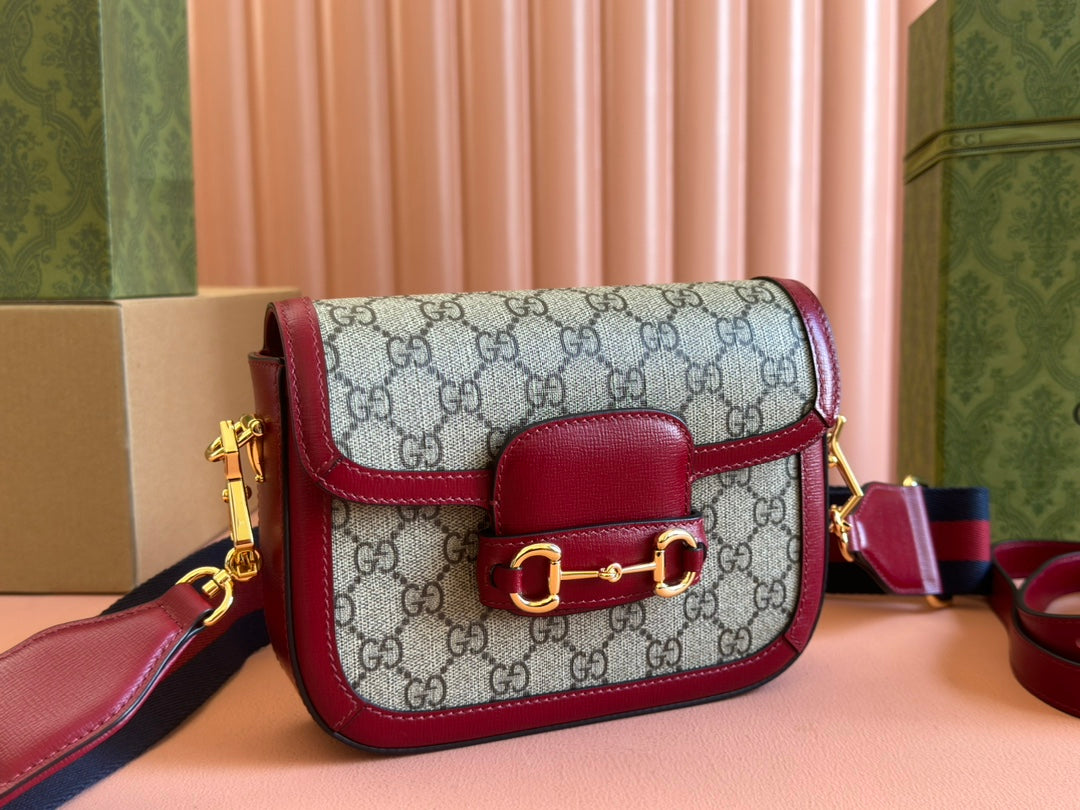 Gucci Horsebit Bag Ebony mix Rosso Ancora Red Leather Canvas 244259