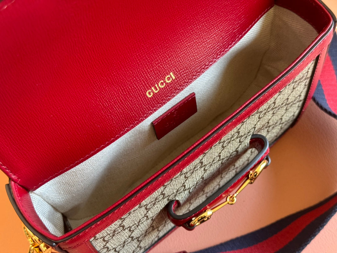 Gucci Horsebit Bag Ebony mix Rosso Ancora Red Leather Canvas 244259