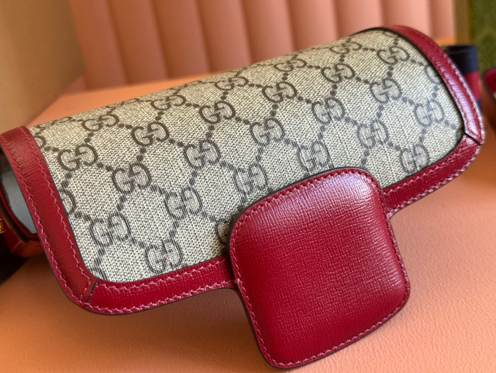 Gucci Horsebit Bag Ebony mix Rosso Ancora Red Leather Canvas 244259