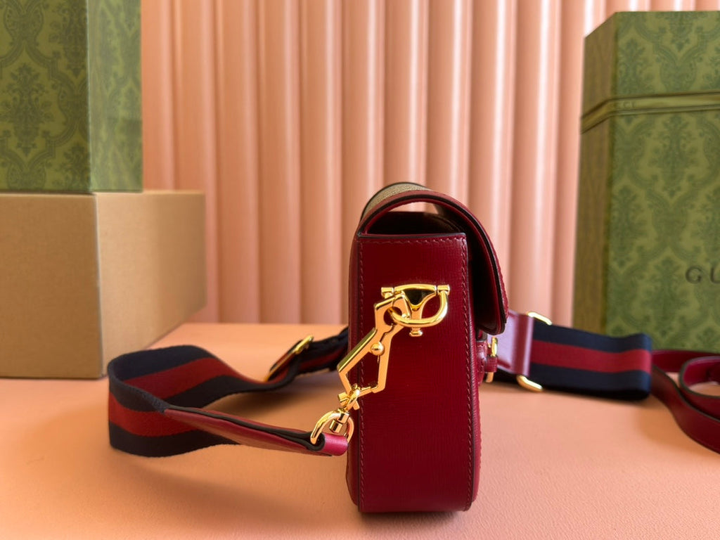 Gucci Horsebit Bag Ebony mix Rosso Ancora Red Leather Canvas 244259