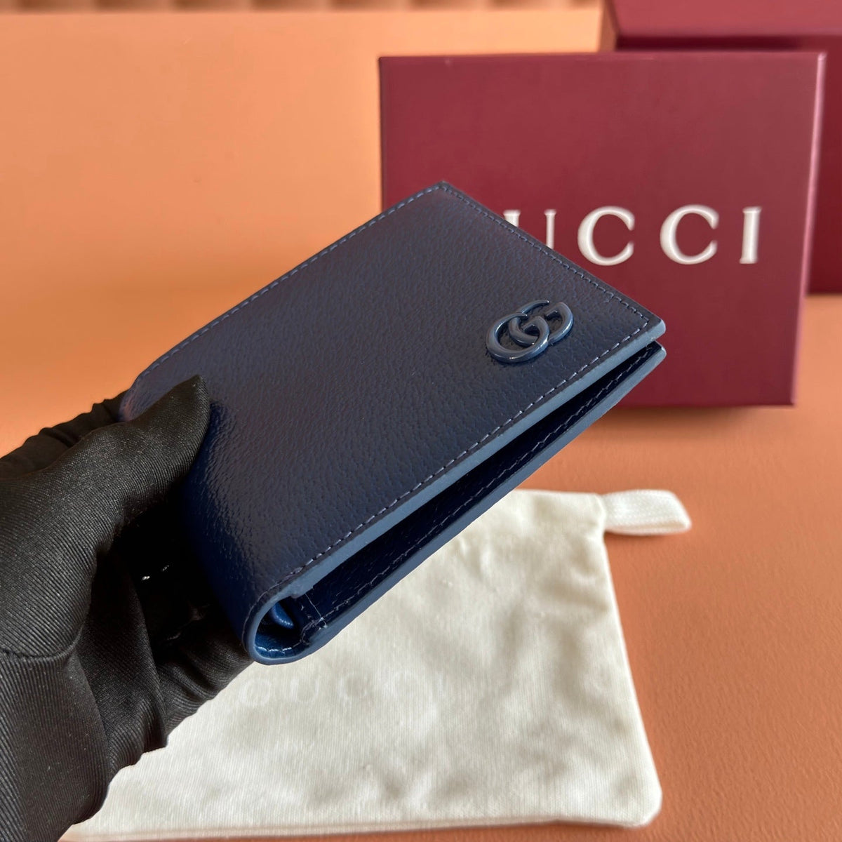 GG Marmont Bi-Fold Wallet Dark Blue Pebbled Leather