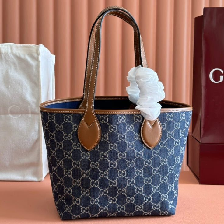 Gucci Totissima 22cm Tote Bag Blue mix Brown Denim Leather 248432