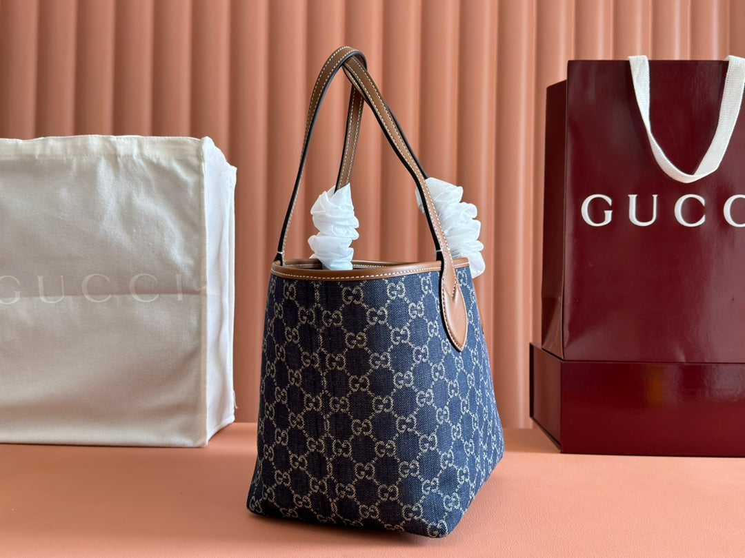 Gucci Totissima 22cm Tote Bag Blue mix Brown Denim Leather 248432