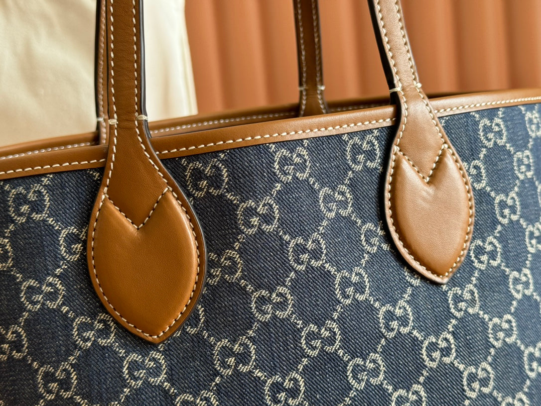 Gucci Totissima 22cm Tote Bag Blue mix Brown Denim Leather 248432
