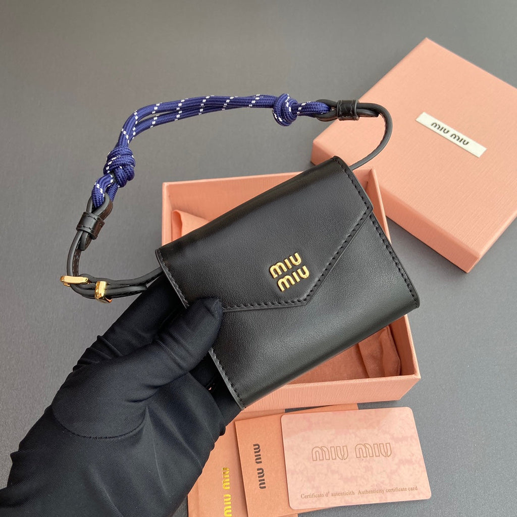 Miu Logo Wallet On A Chain 10.5 Lettering Black Calfskin 240406