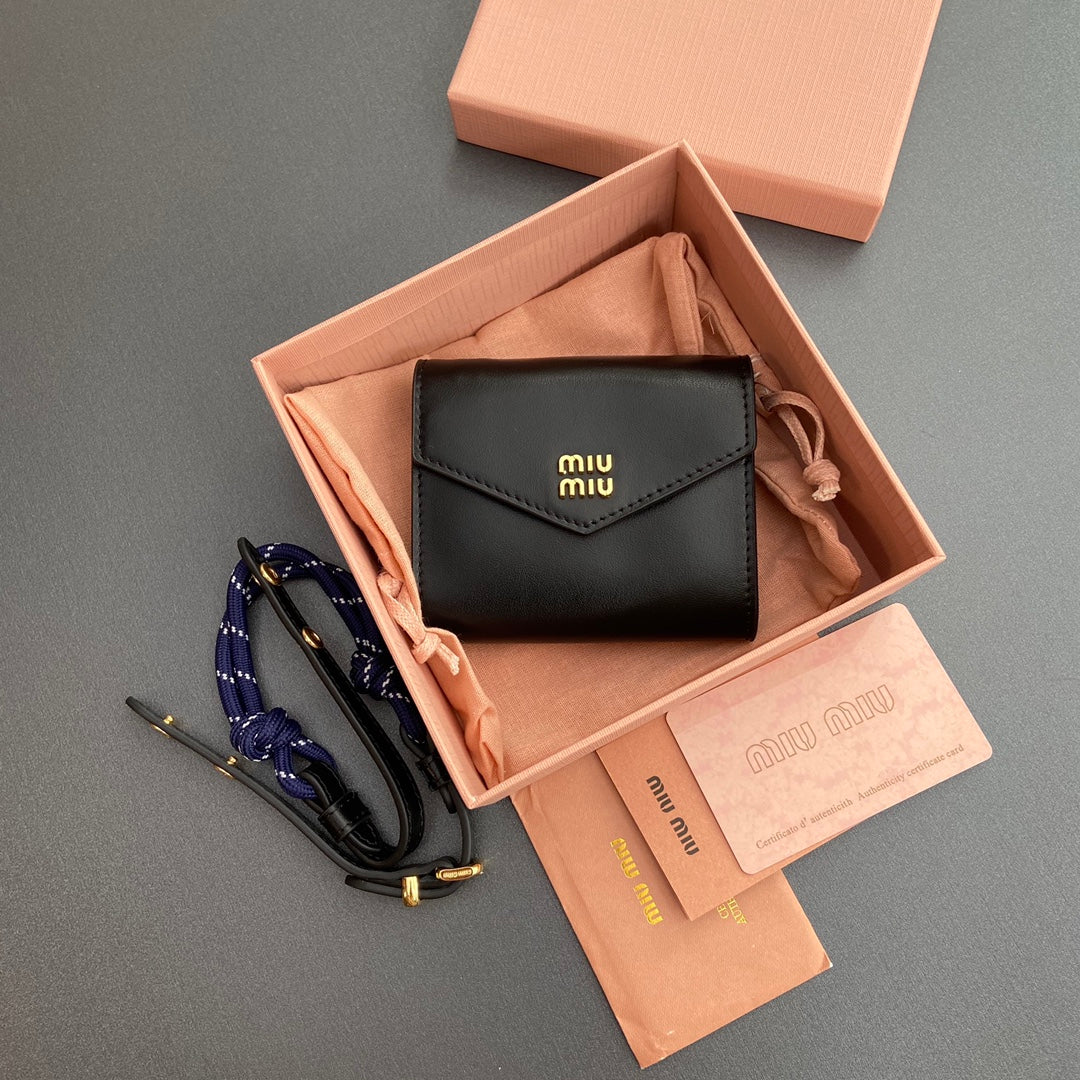 Miu Logo Wallet On A Chain 10.5 Lettering Black Calfskin 240406
