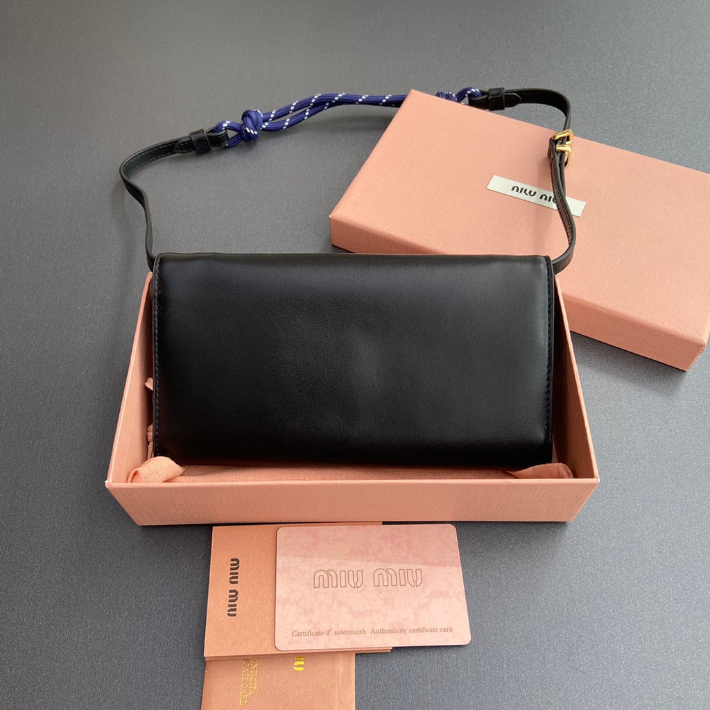 Miu Logo Wallet On A Chain 19 Lettering Black Calfskin 240411