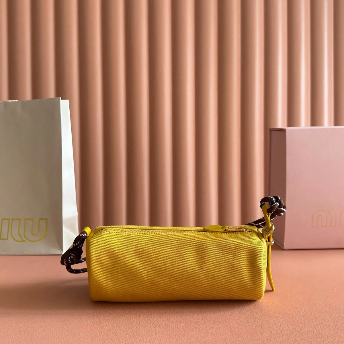 Miu Miu Adventure Nappa Canvas Bucket Bag 22 Yellow in Fabric 285323