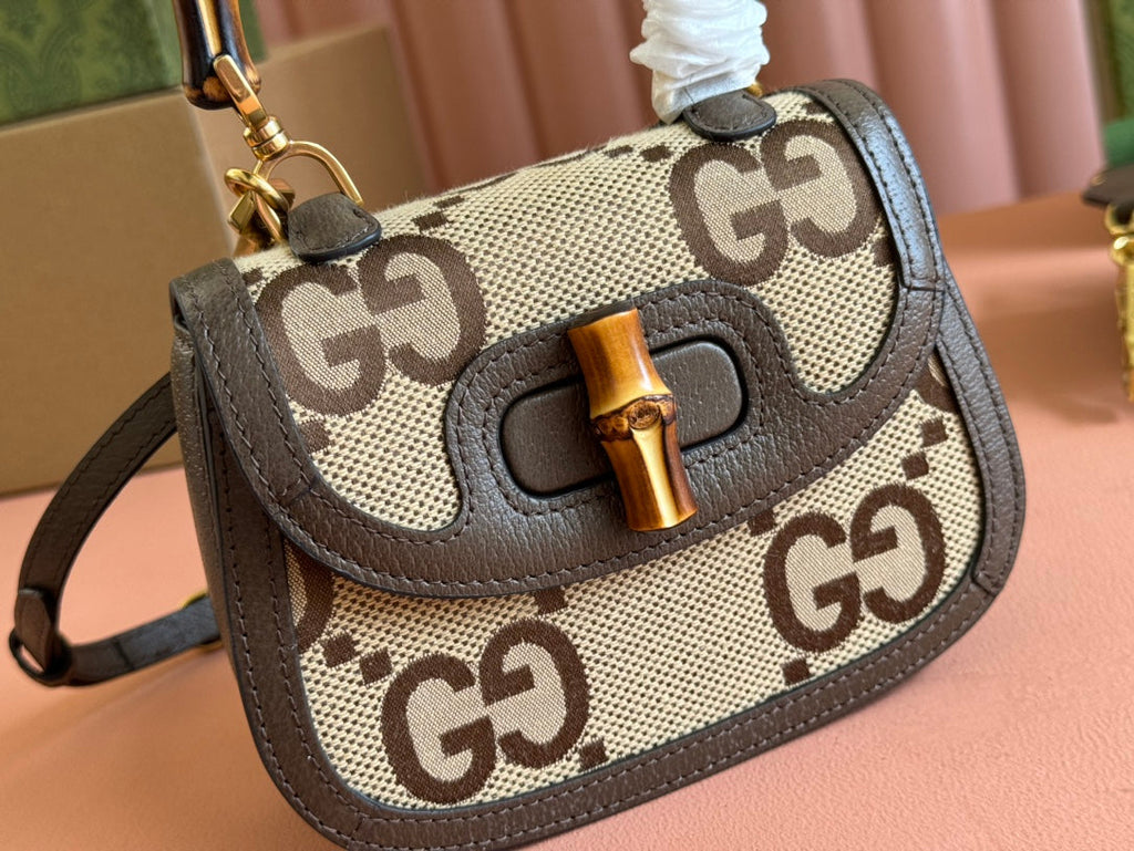 Gucci Bamboo Bag 17cm Brown mix Beige Canvas Leather 248506