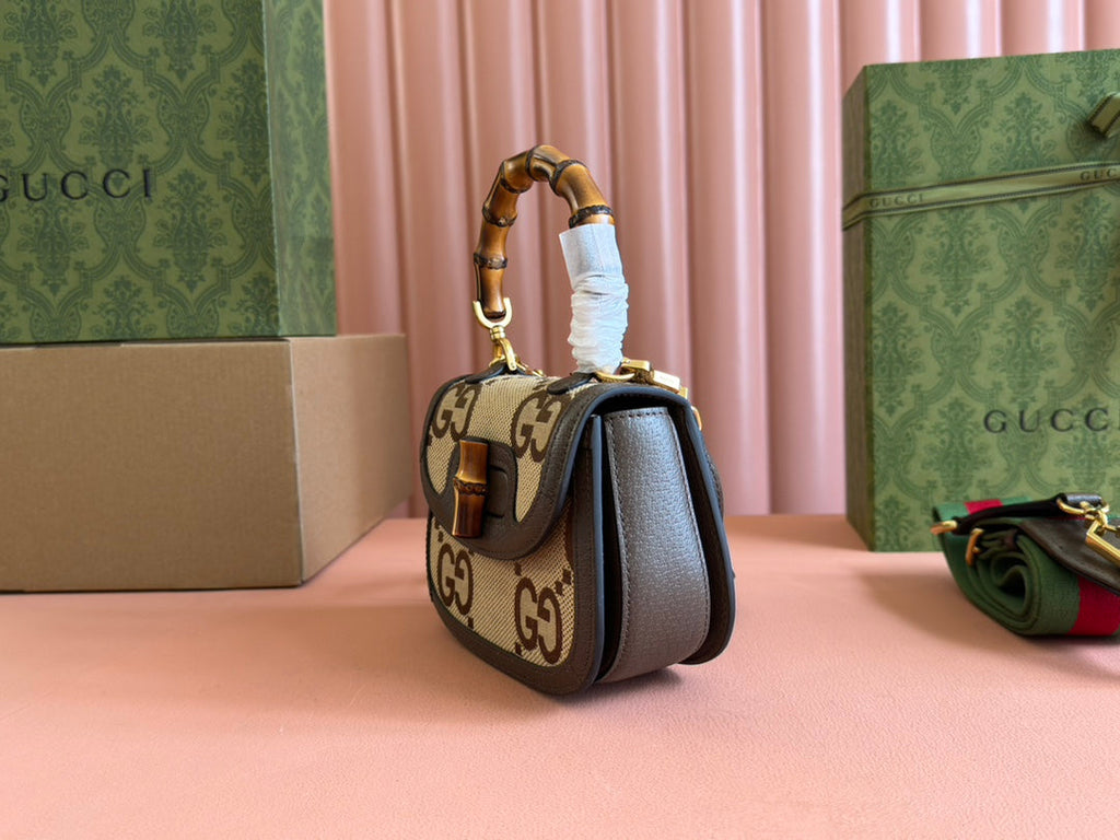 Gucci Bamboo Bag 17cm Brown mix Beige Canvas Leather 248506