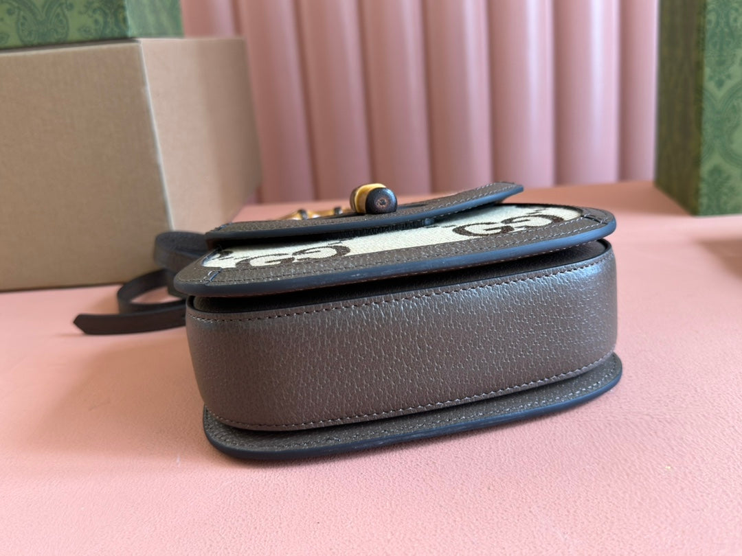 Gucci Bamboo Bag 17cm Brown mix Beige Canvas Leather 248506