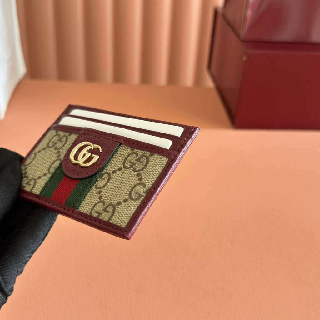 GG Ophidia Card Holder Burgundy Brown Beige Canvas Leather