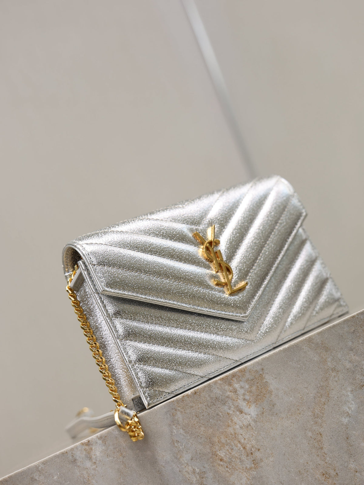 YSL Cassandre Matelassé Envelope Bag Sliver Metalic Leather