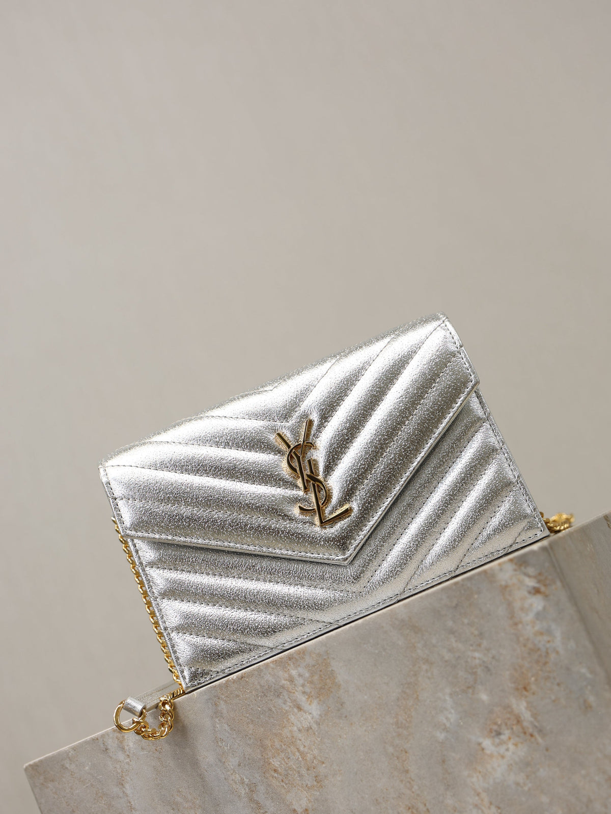 YSL Cassandre Matelassé Envelope Bag Sliver Metalic Leather