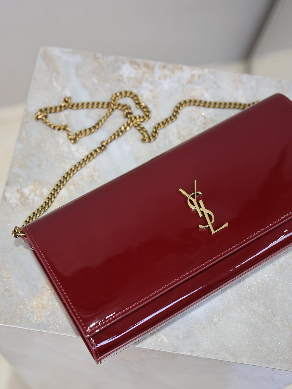 YSL Kate Clutch Bag Burgundy Patent Leather