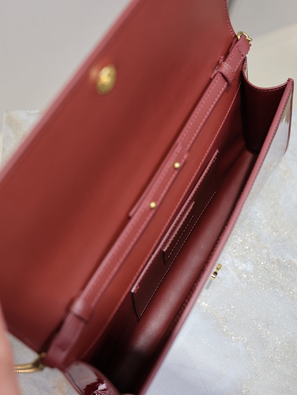 YSL Kate Clutch Bag Burgundy Patent Leather