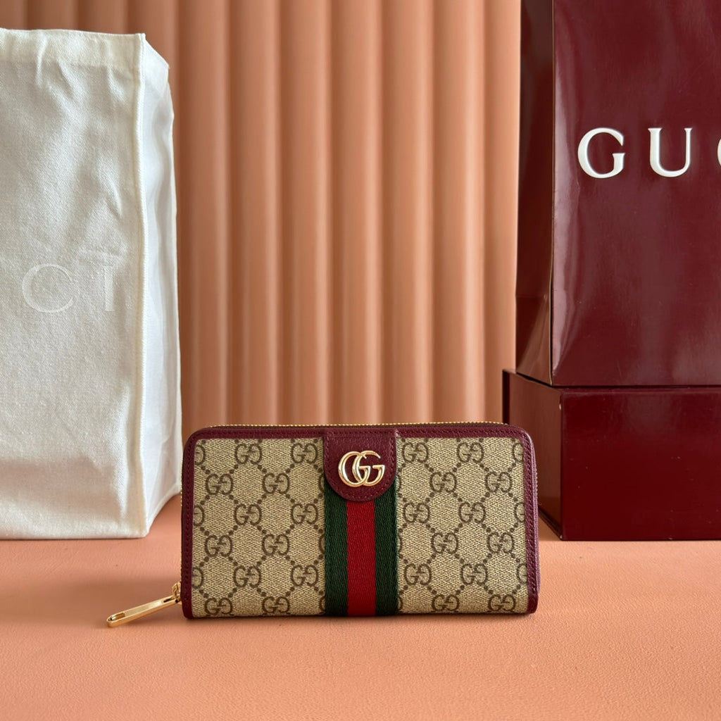 GG Ophidia Zip Around Wallet Burgundy Brown Beige Canvas Leather