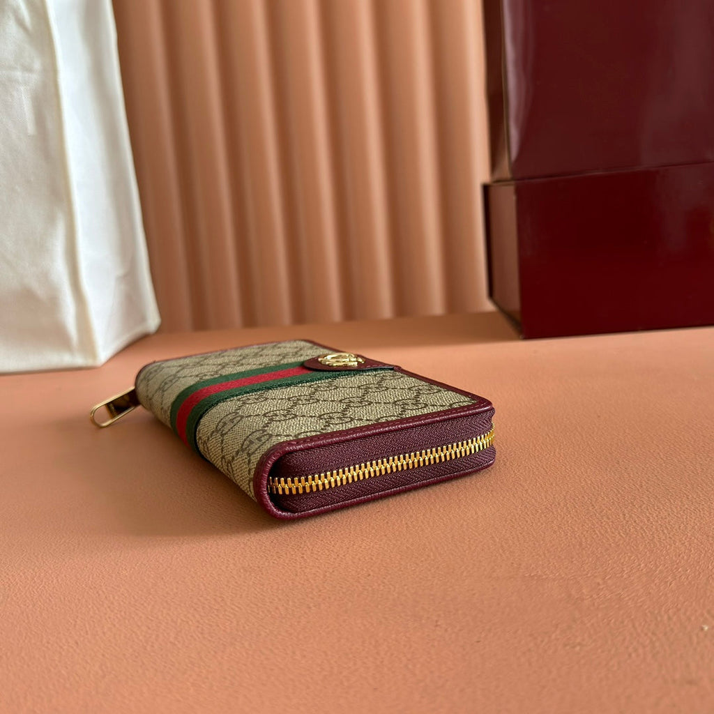 GG Ophidia Zip Around Wallet Burgundy Brown Beige Canvas Leather