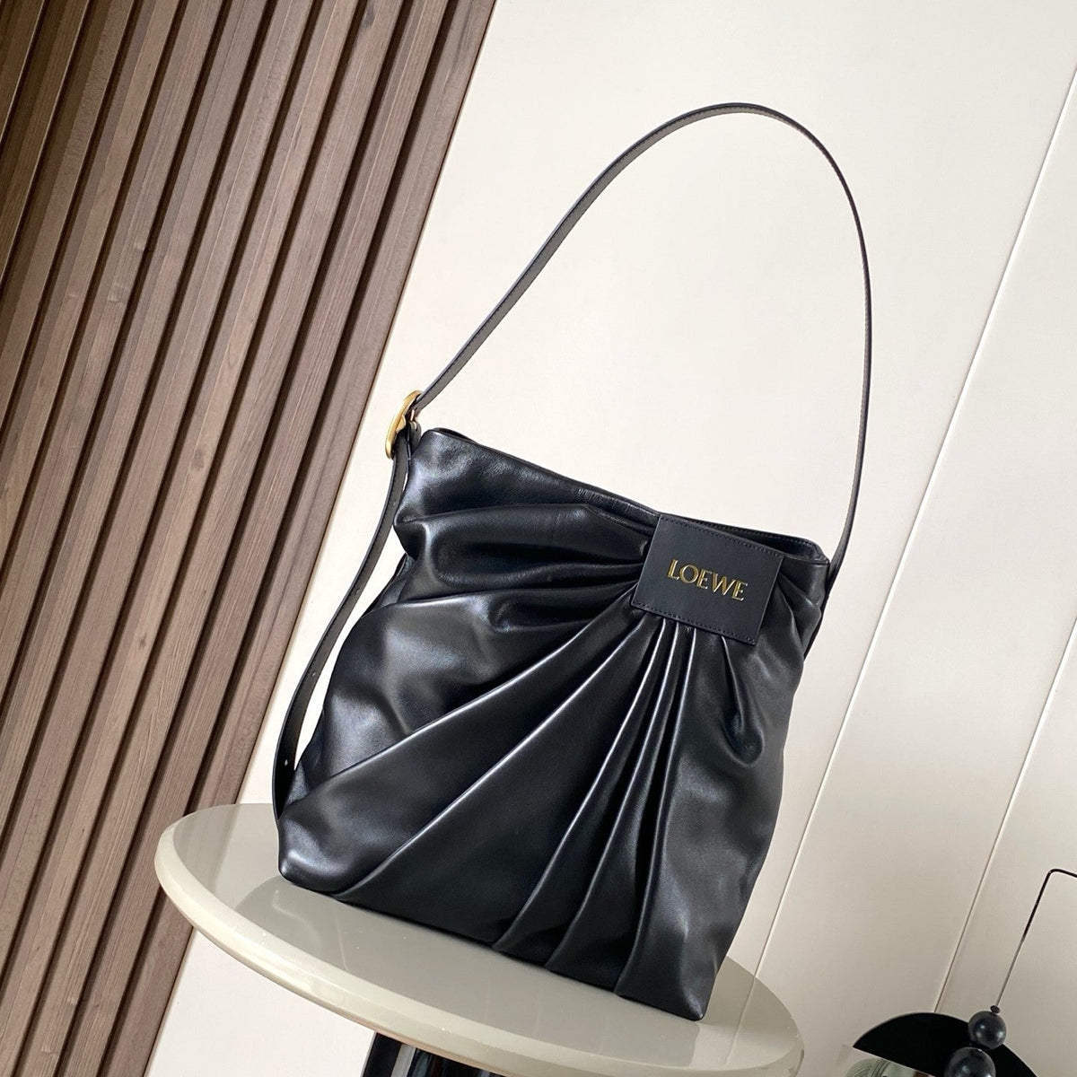 Loewe Draped Leather Tote Bag Black Lambskin