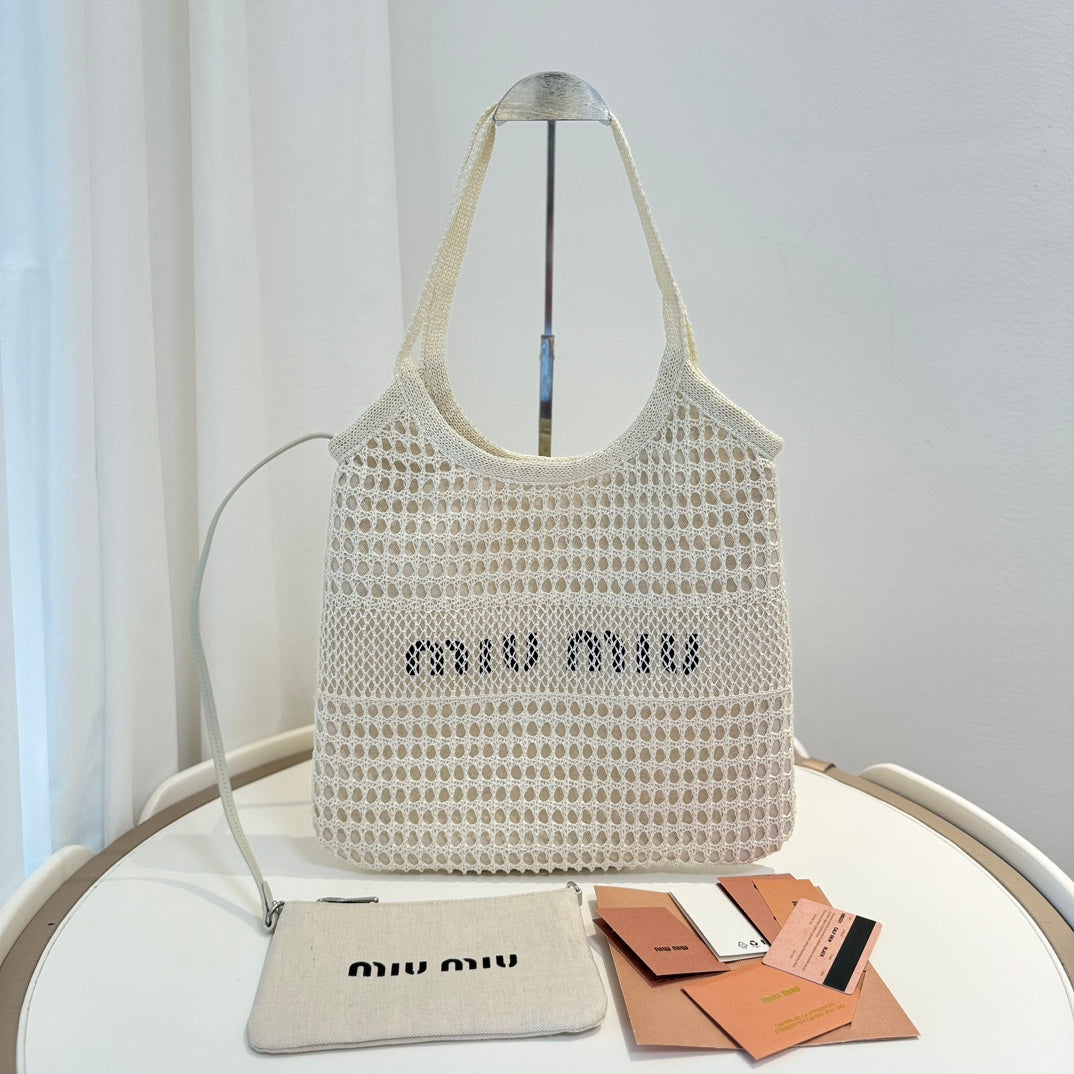 Miu Miu Shoulder Bag 34cm White Raffia Canvas