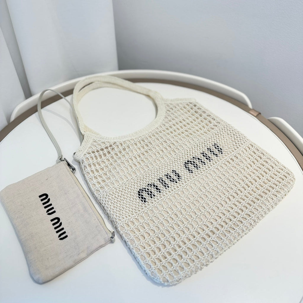 Miu Miu Shoulder Bag 34cm White Raffia Canvas
