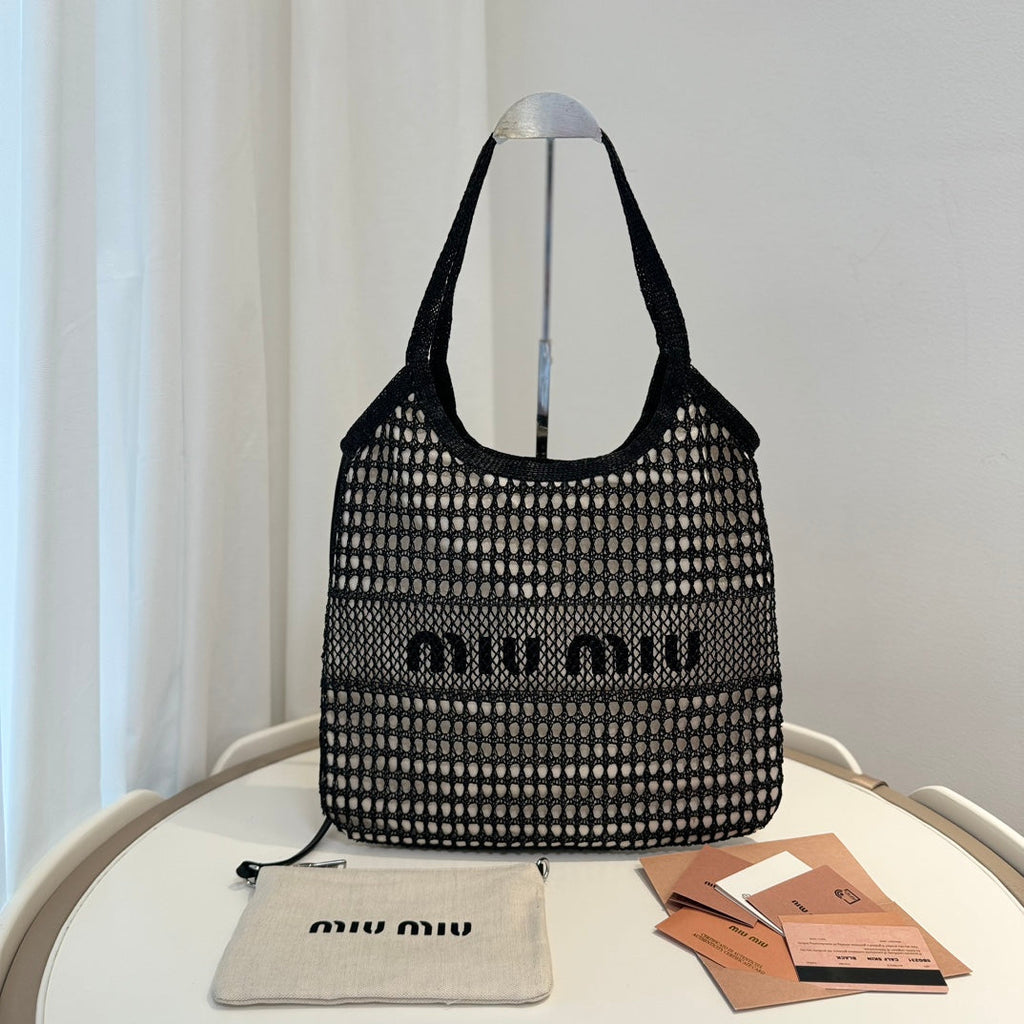 Miu Miu Shoulder Bag 34cm Black Raffia Canvas