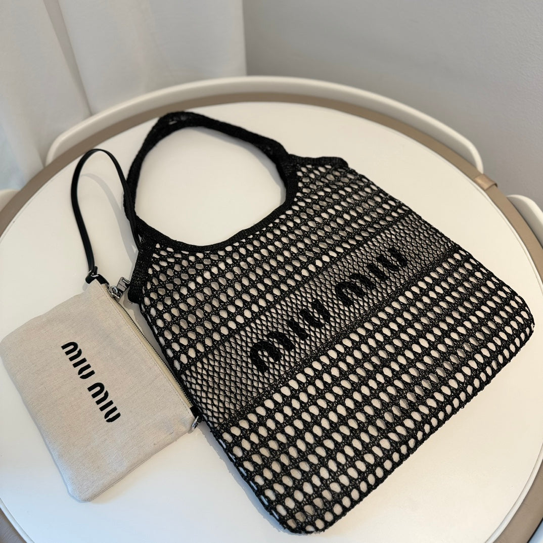 Miu Miu Shoulder Bag 34cm Black Raffia Canvas