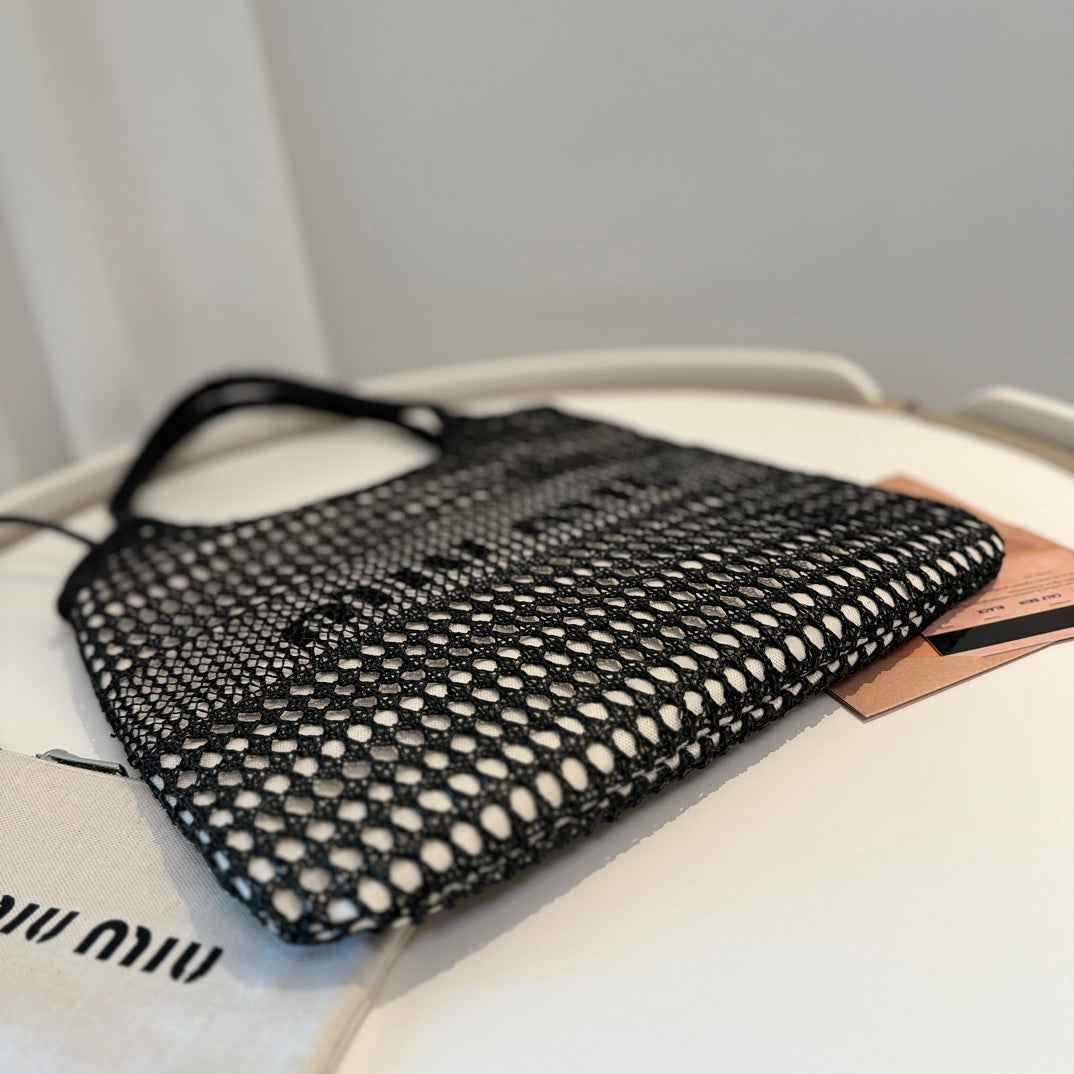 Miu Miu Shoulder Bag 34cm Black Raffia Canvas