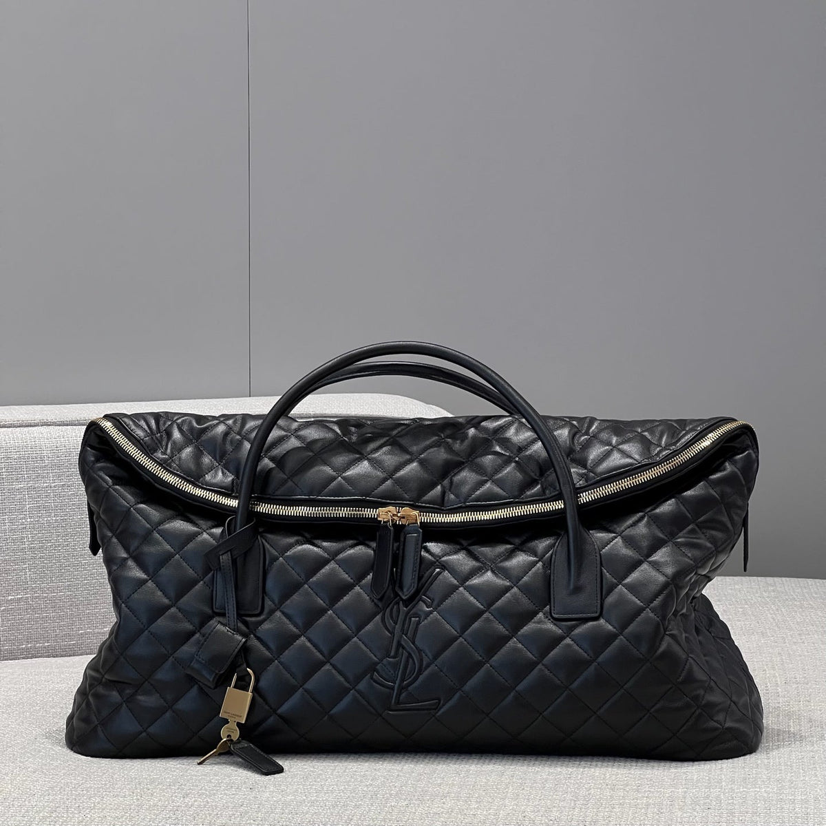 YSL Travel Bag 59 Black Quilted Calfskin Leather Gold Hardware