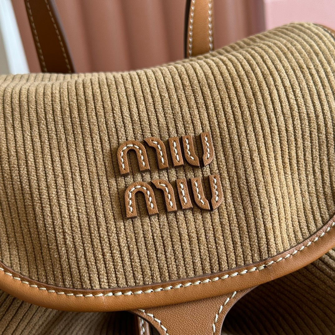 Miu Corduroy Backpack Brown Suede 273210