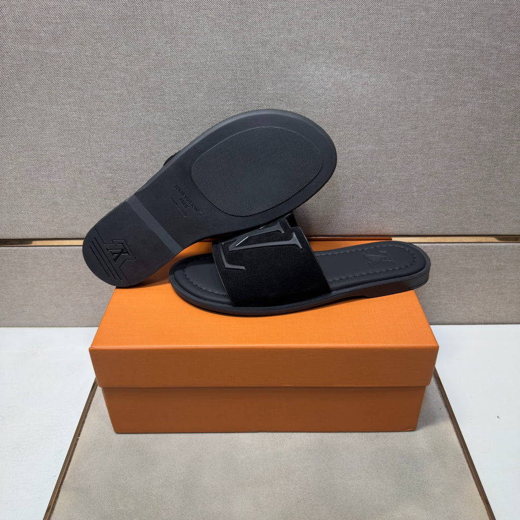Louis Vuitton Men's All Black Suede Slide Sandals