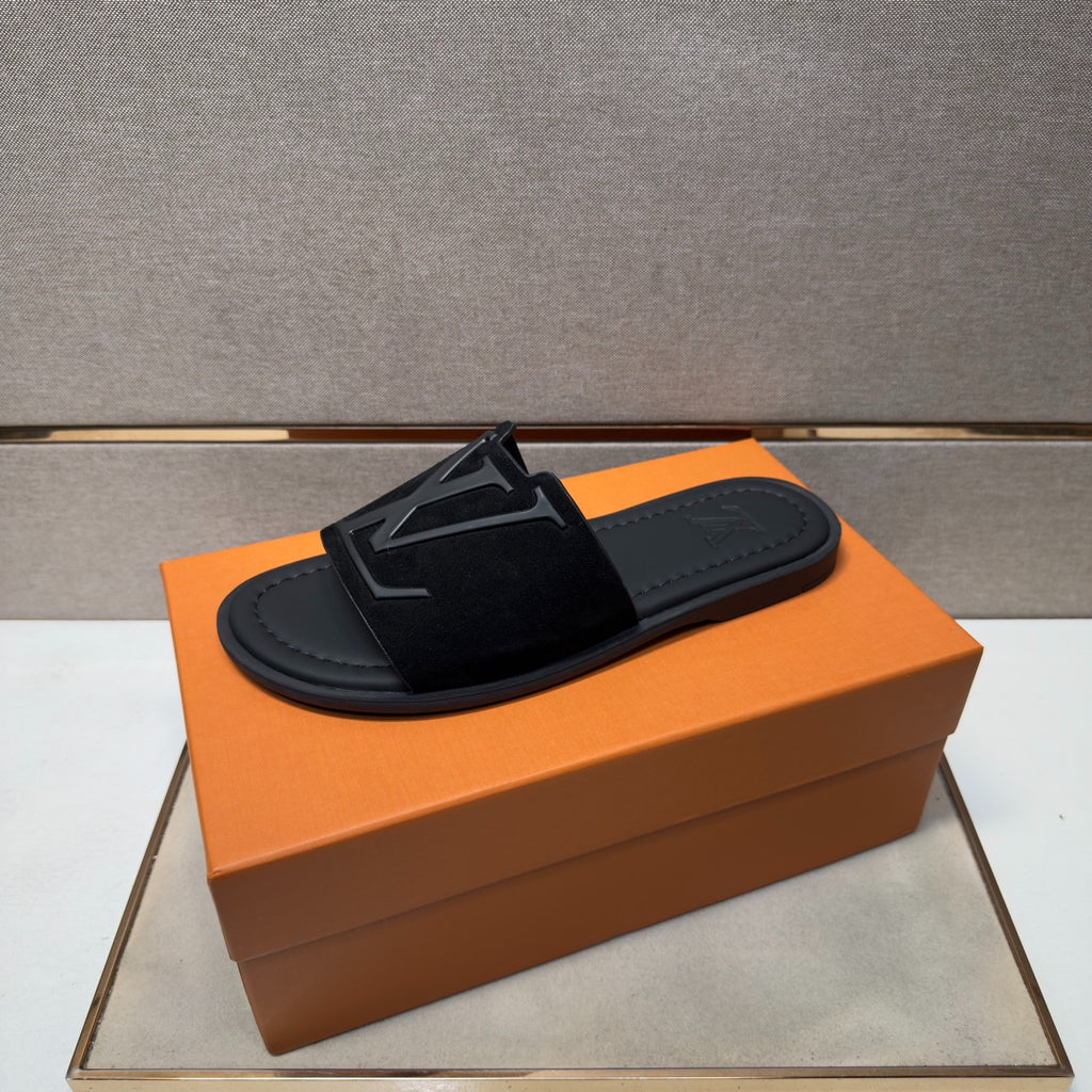 Louis Vuitton Men's All Black Suede Slide Sandals