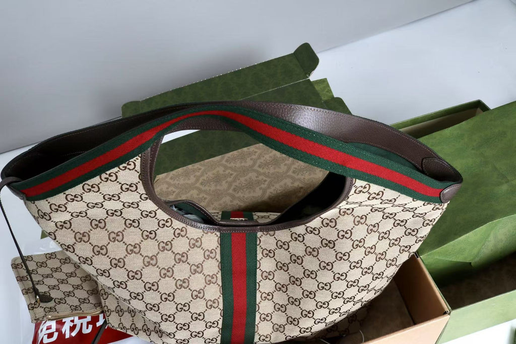 Gucci Giglio Large Tote Bag Beige and Red Denim