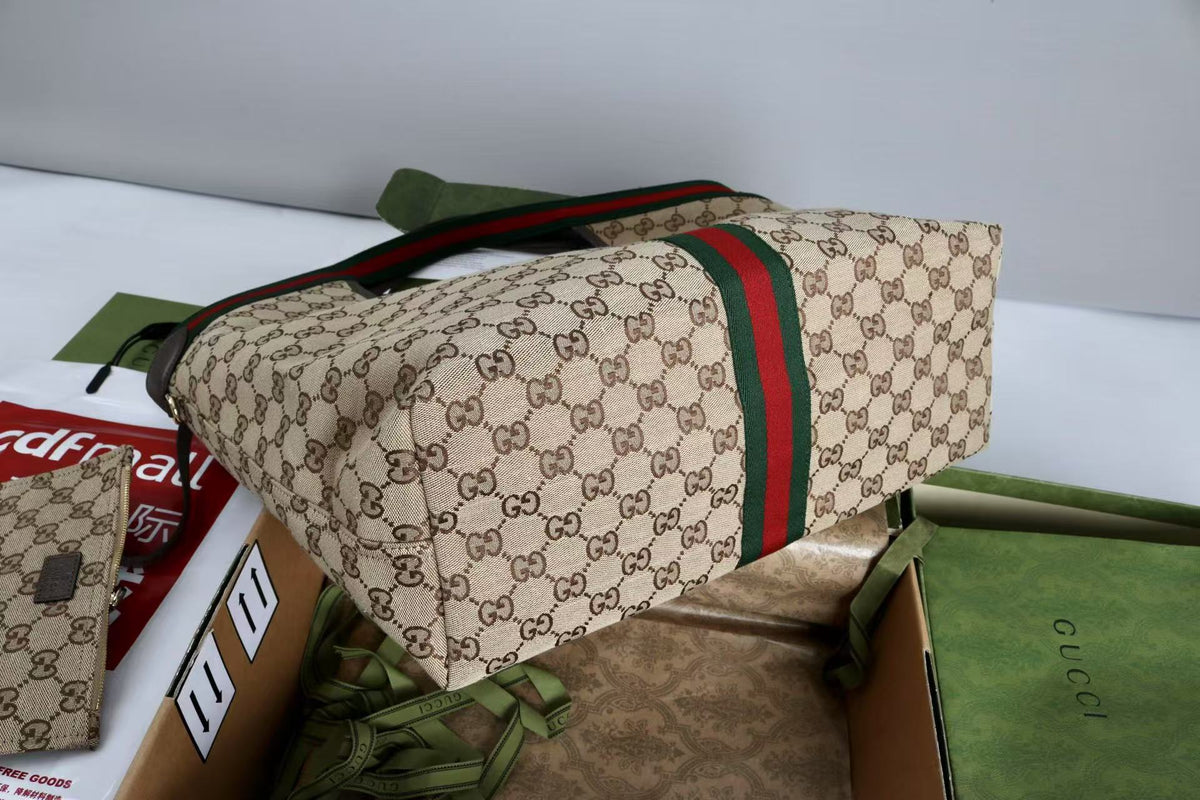 Gucci Giglio Large Tote Bag Beige and Red Denim
