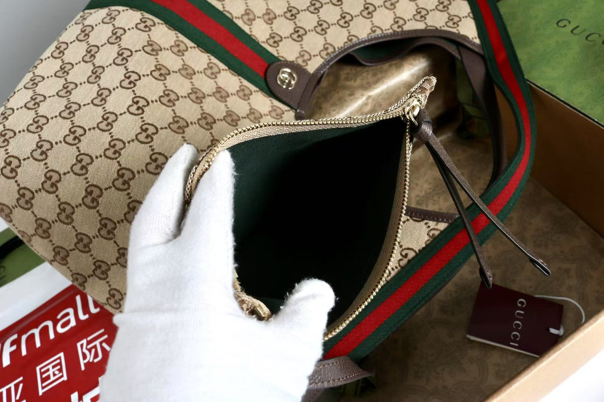 Gucci Giglio Large Tote Bag Beige and Red Denim