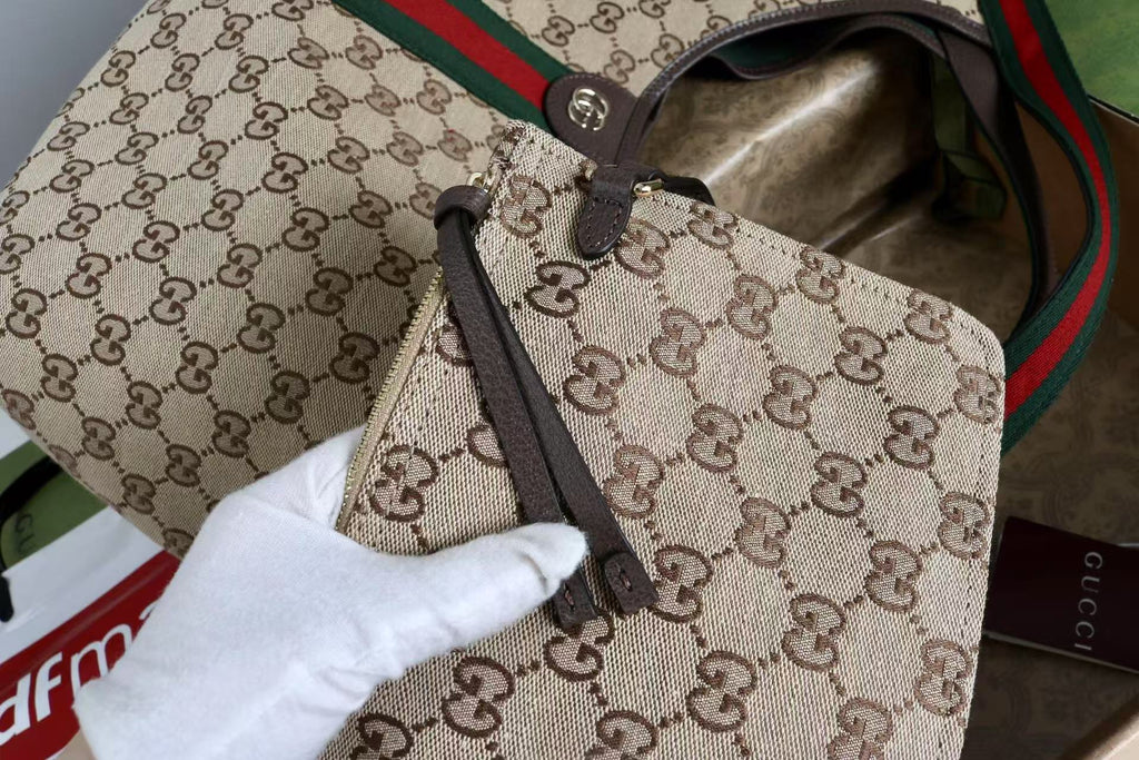 Gucci Giglio Large Tote Bag Beige and Red Denim