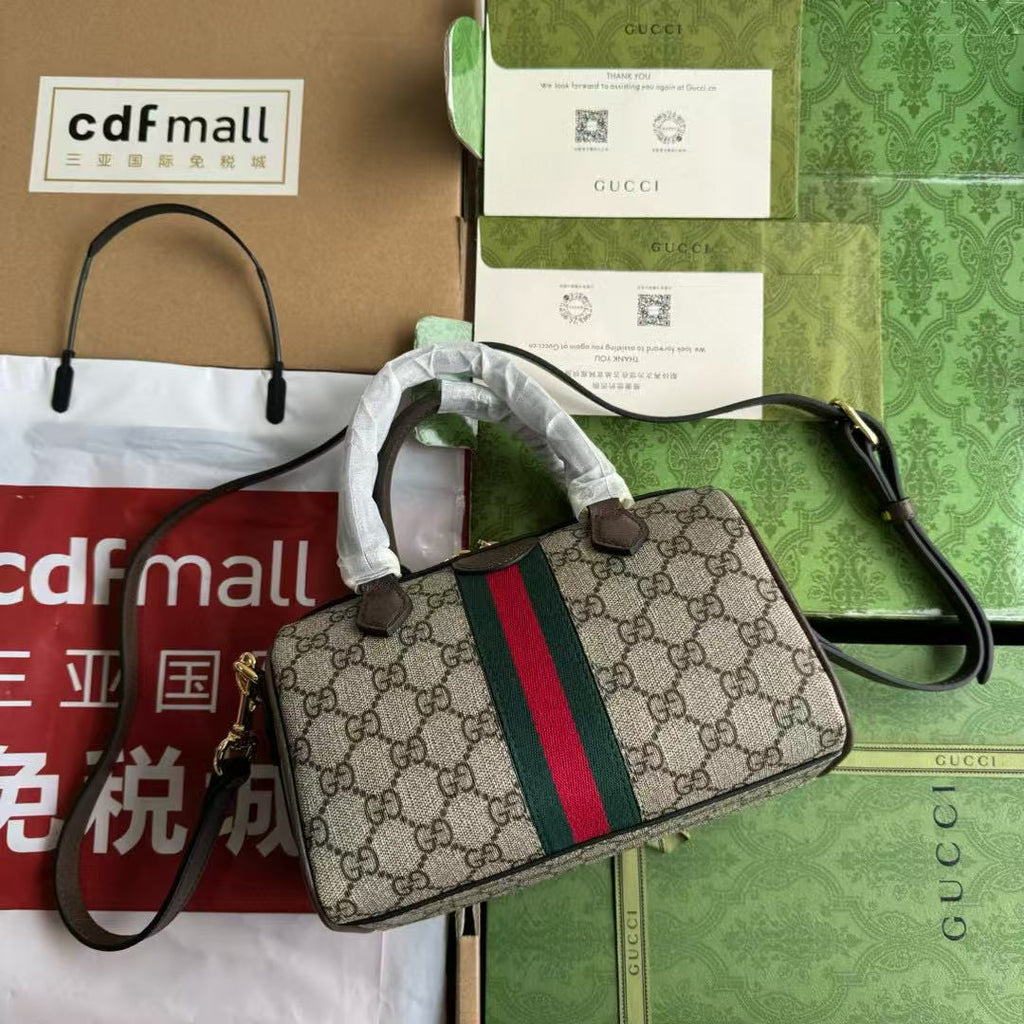 Gucci Ophidia 21.5 Bag Brown Ebony Leather Canvas