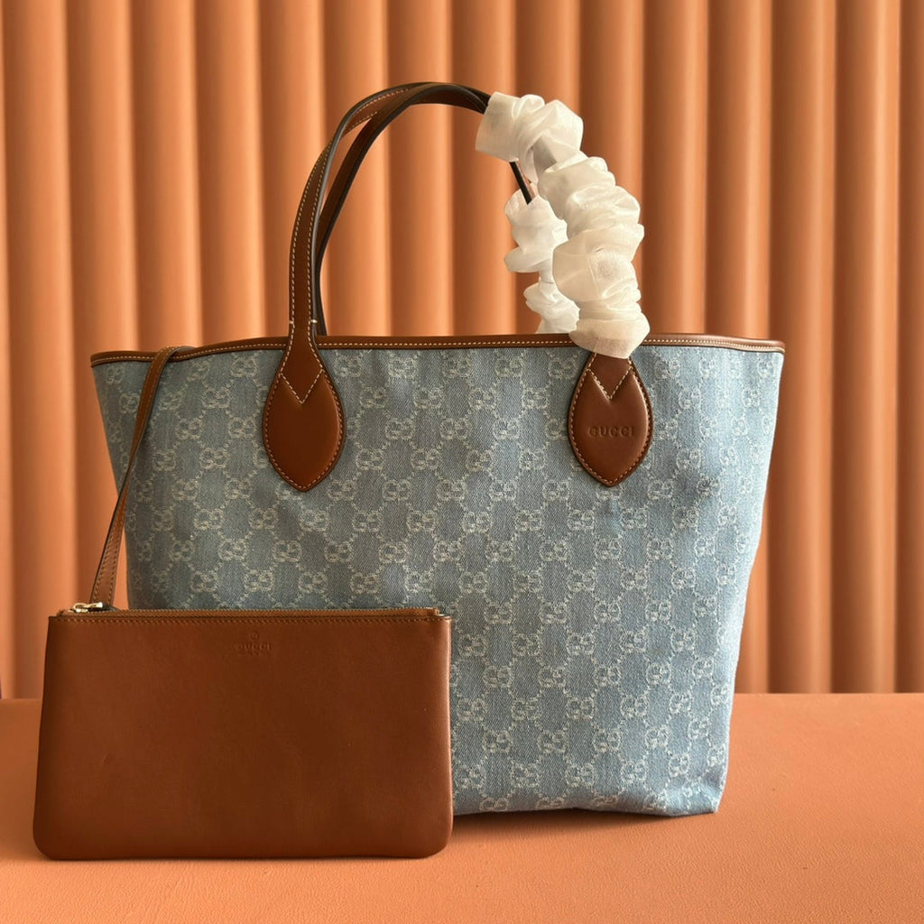 Gucci Totissima Tote Bag Blue White Denim Leather 257930
