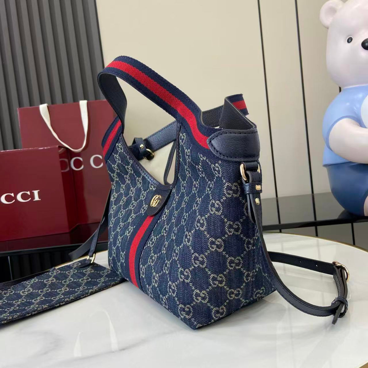 Gucci 25 Giglio 25cm Bag Blue Denim Leather 292387