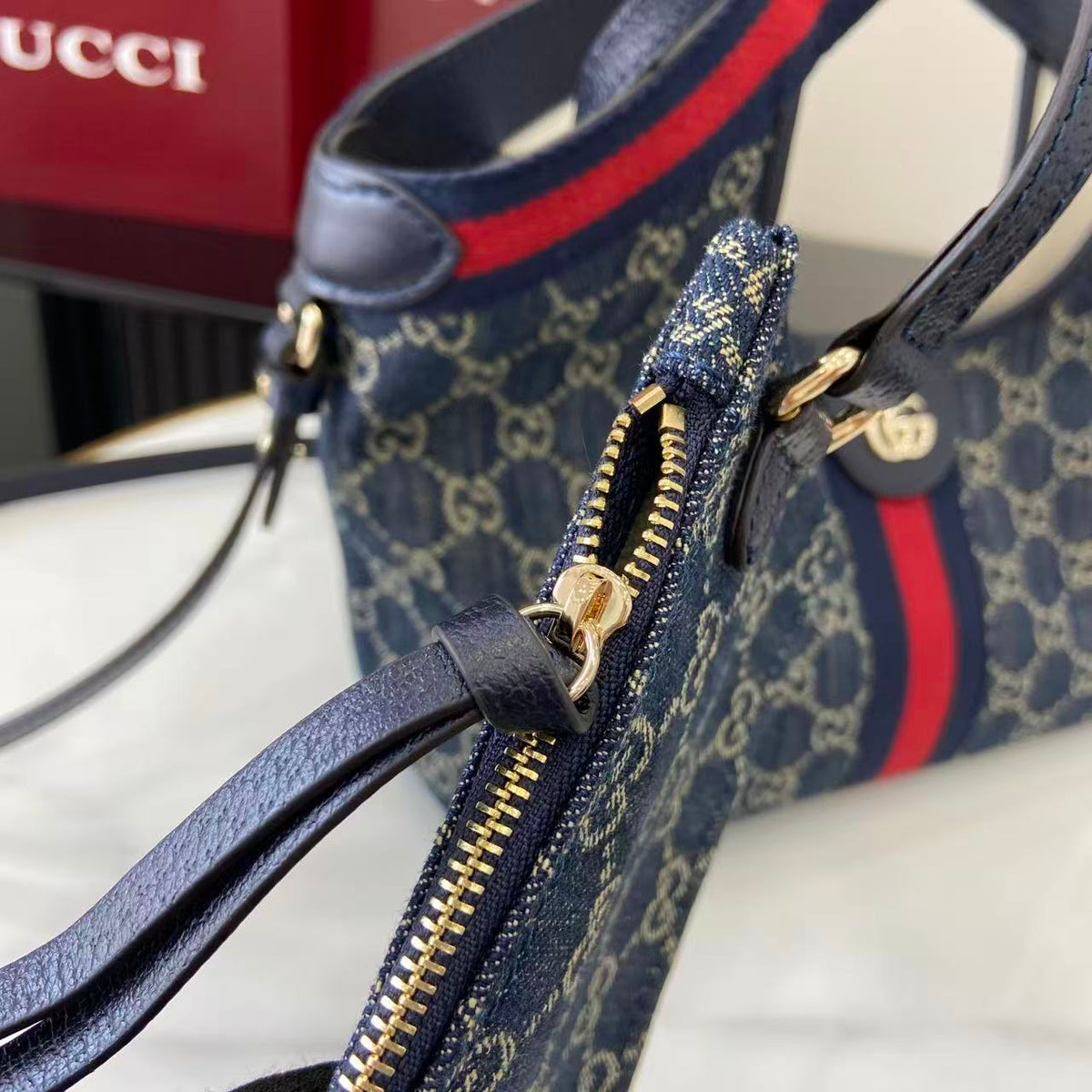Gucci 25 Giglio 25cm Bag Blue Denim Leather 292387