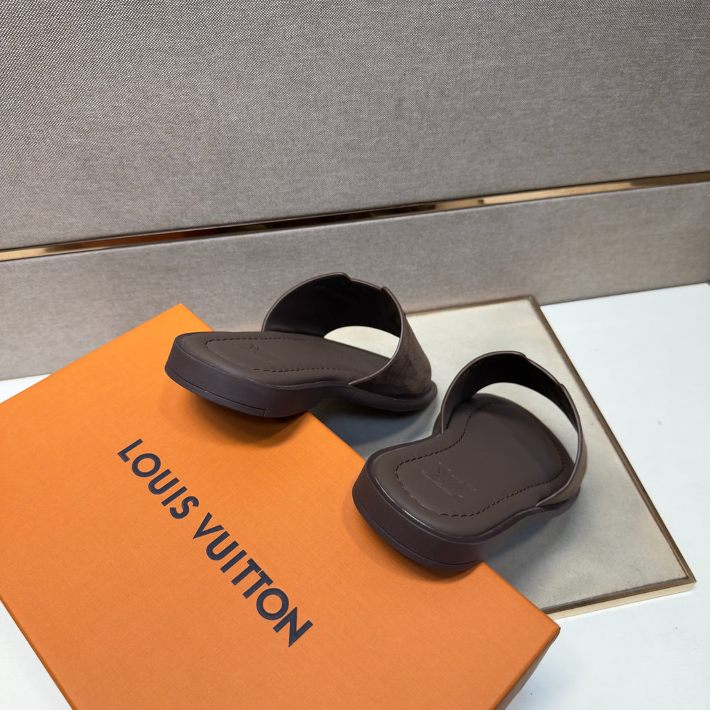 Louis Vuitton Men's Dark Brown Suede Slide Sandals